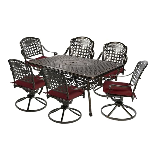 Image of MEETWARM 7-Piece Outdoor Patio Dining Set, All-Weather Cast Aluminum Patio Conversation Set with 6 Cushioned Swivel Rocker Chairs for Backyard Garden Deck, 1 Rectangular Table, Chili Red