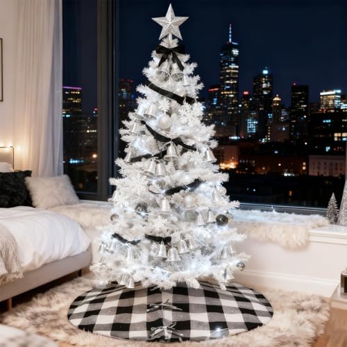 yuboo Buffalo Check Christmas Tree Skirt, 48 Inches White and Black Checked Ornaments for Farmhouse Buffalo Plaid Christmas Decor