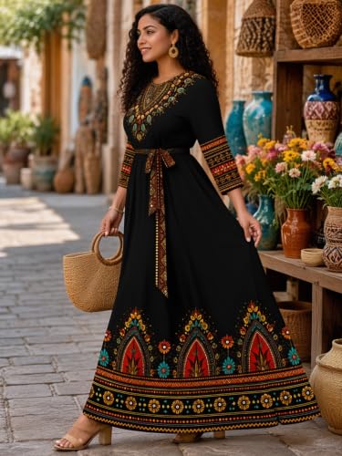 Image of Plus Size Maxi Dress for Women V Neck 3 /4 Sleeve Wrap Dress