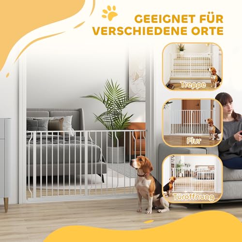 PawHut Türschutzgitter Treppenschutzgitter mit 10/20 cm Verlängerung Türgitter ohne Bohren Treppengitter für Breiten 75-145 cm Beidseitige Einhand Öffnung Schwenkbar Stahl Weiß