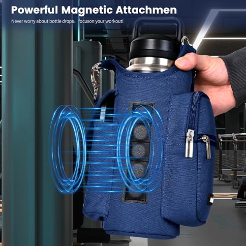 Image of icolor Magnetic Gym Bag Water Bottle Carrier Holder with Phone Pockets & Strap,Nylon Gym Magnetic Bag 5 Built-in Magnets Nylon Gym Accessories Organizer Bottle Pouch Sleeve for Men Women (Navy Blue)