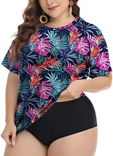 FOREYOND Colorful Leaves Plus Size Rash Guard Shirt for Women Short Sleeve Plus Size Swim Top Colorful Leaves 4X