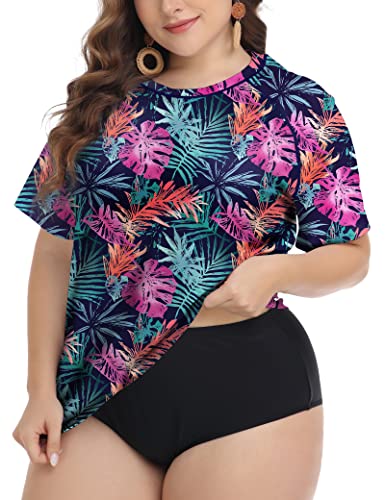 FOREYOND Plus Size Rash Guard Shirts for Women Short Sleeve UPF 50+ Sun Protection Swimwear Swim Suits Top, Colorful Leaves, 3X-Large Plus