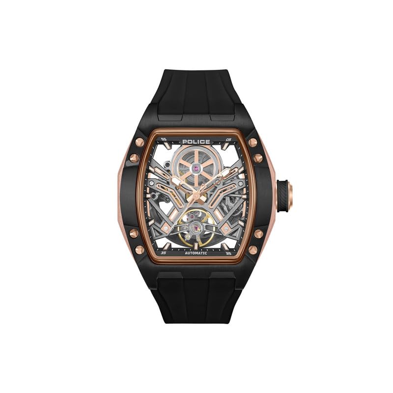Police Tampa 42mm Men's Automatic Black/Rose Gold Dial with Black Silicon