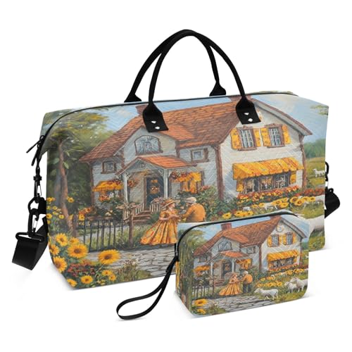 Weekender Bags Travel Duffel Gym Bag Country Cottage Carry on Overnight Tote Bag with Toiletry Bag for Airplane Travel Trip Gym Yoga