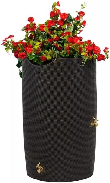 Durable Impressions Outdoor Decorative Rain Barrel, 50-Gallon Capacity rain Barrel and Planter top, Classic Wicker-Style Water Collection Tank with Dual Brass Spigots, Black