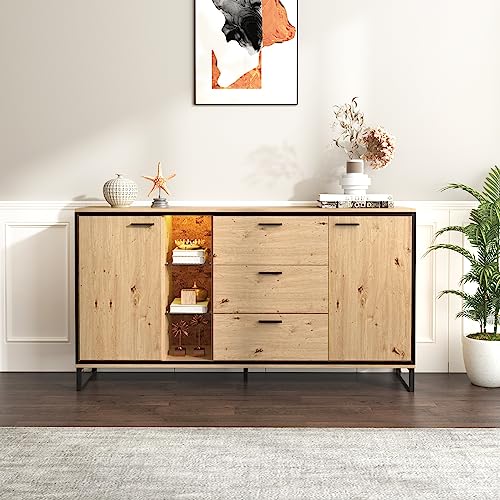 Credenza a tre cassetti a due ante con venature squisite credenza moderna in colore legno con ripiani - mobili eleganti e funzionali Colore legno e nero