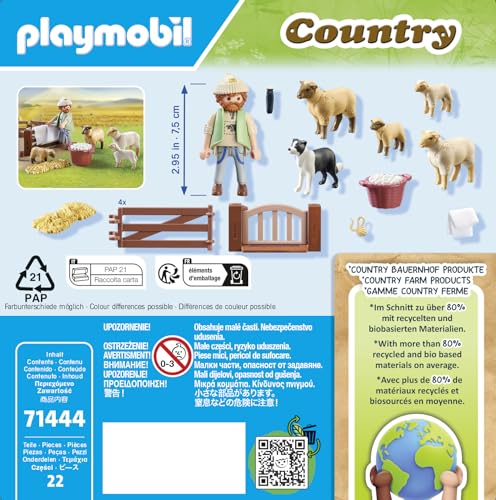 PLAYMOBIL Country 71444 Junger Schäfer mit Schafen, Hüten und Pflegen der Schafe mithilfe des Bordercollies, mit Zubehör wie Haartrimmer und Strohballen, nachhaltiges Spielzeug für Kinder ab 4 Jahren