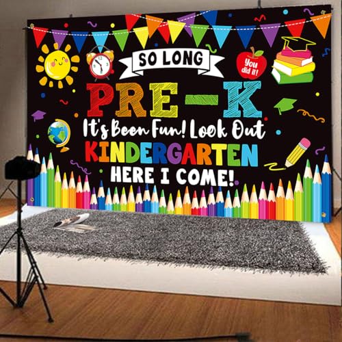 Image of PRE-K Graduation Decorations 2026,Preschool Graduation Banner Decorations,So Long Pre-k It's Been Fun Look Out Kindergarten Here I Come Photo Backdrop for Kids Home School Classroom Party Supplies PKB