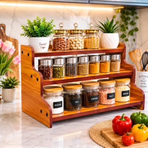 Image of SAFAK 3-Tier Kitchen Spice Rack, 13.9.6 Inch Wood Step Shelf Countertop Spice Storage Holder, Kitchen Pantry Cabinet Organizer Cupboard for Spice Bottles, Jars, Seasonings, Baking Supplies, rack