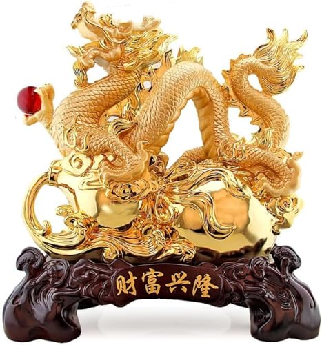 龍の置物 昇運金龍風水グッズ 玄関龍 置物 金龍 開運祈願 金運祈願 樹脂工芸のドラゴンの装飾品、富と繁栄の創造的な家の装飾のギフト、干支風水 (34*17*35cm,ゴールデン)
