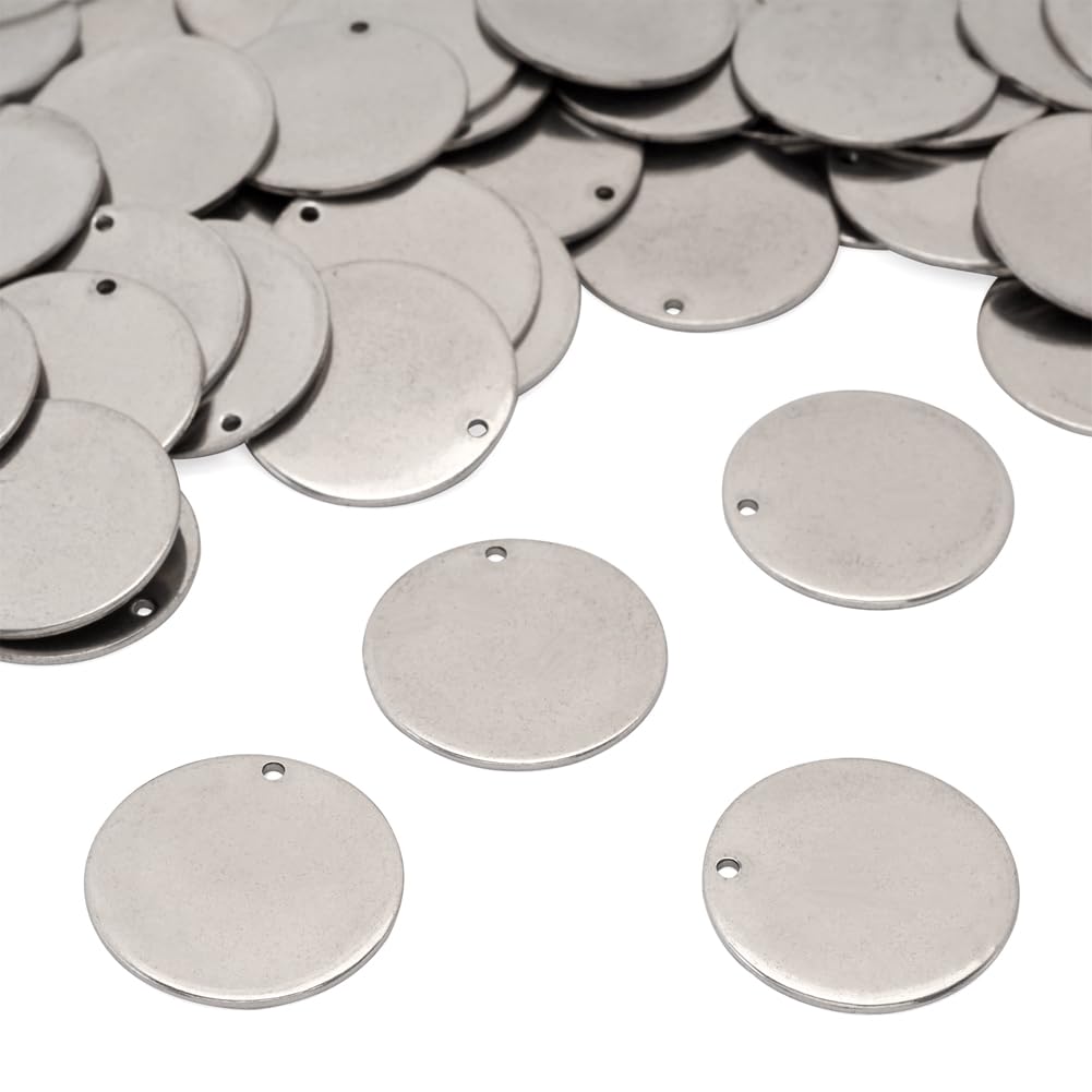 Pandahall 50pcs 304 Stainless Steel Blank Stamping Message Word Tag Pendants Flat Round Charms for DIY Jewelry Making 0.9 Inch in Diameter