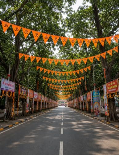 Image of BookMyCostume Religious & Spiritual Decoration Collection - Saffron Flags, Bunting Ladi, & Ethnic Stoles - Devotional Accessories for Temple, Festivals, Puja, Rallies & Daily Rituals