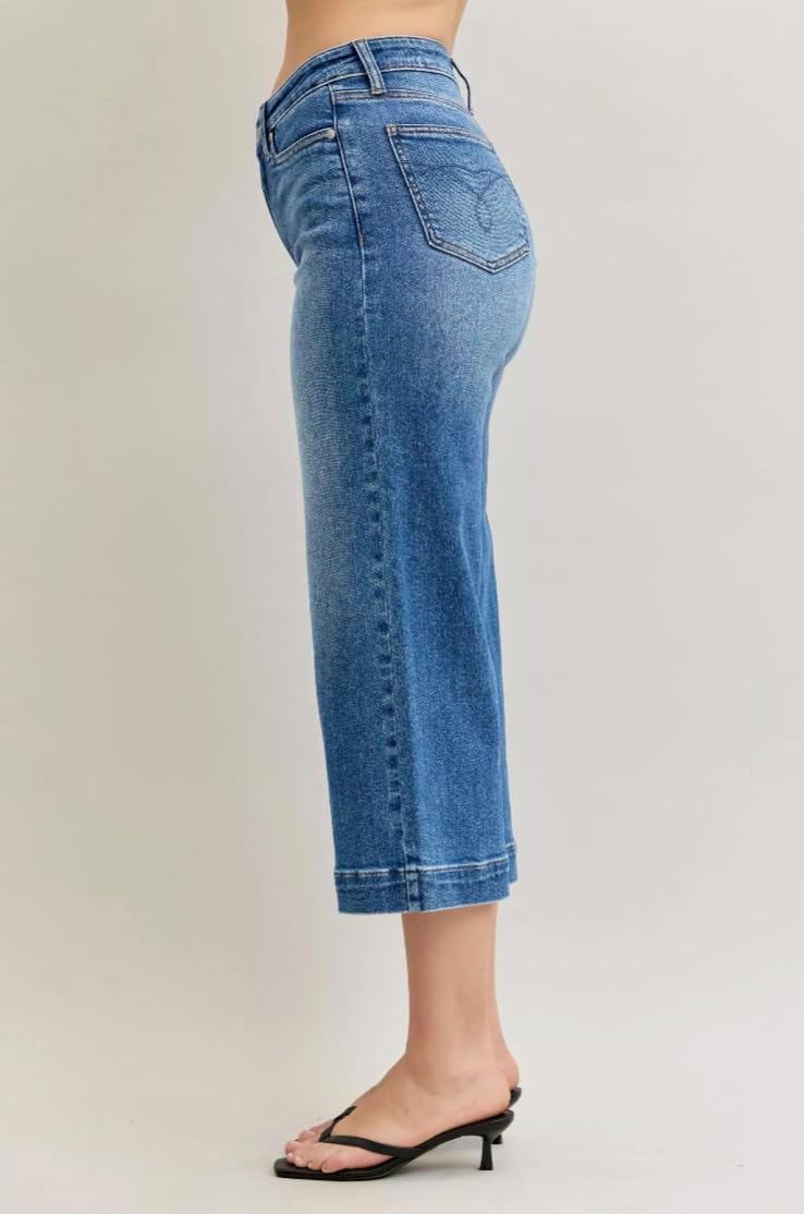 Judy Blue Mid Rise Crop Wide Leg Jeans- Ivory Gem