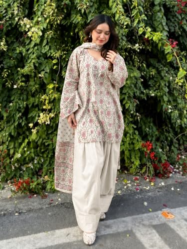 Image of ANNI Designer Farshi Salwar Suit for Women Cotton Printed | Kurta Dupatta Set for Woman | Straight Palazzo Outfit Round Neck V-Slit Long Sleeve Ethnic Dress Stylish Womens Clothing