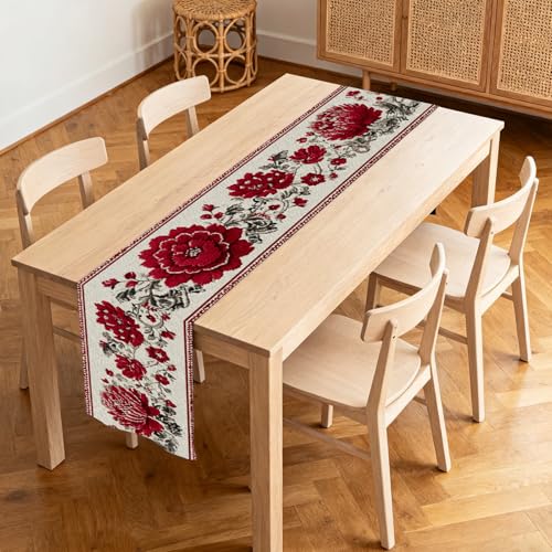 Image of Nuxovilar Red Peony Table Runner Flax 13x72 in | Holiday Runner Flax Placemats Dining Accessories Set Cultural Dinner Event Room Area (Red Peony Floral)