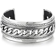 COOLSTEELANDBEYOND Mens Stainless Steel Curb Chain Bangle Bracelelt, Masculine Wide Cuff Bracelet with Braided Border and Antiqued Finish