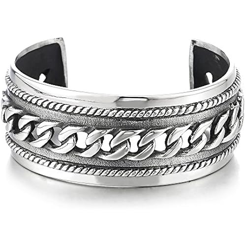 COOLSTEELANDBEYOND Mens Stainless Steel Curb Chain Bangle Bracelelt, Masculine Wide Cuff Bracelet with Braided Border and Antiqued Finish