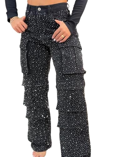 Women's Sequin Baggy Denim Pants Cargo Rhinestone High Waisted Sexy Wide Leg Stretchy Sparkly Cut Out Stretchy Jeans Black