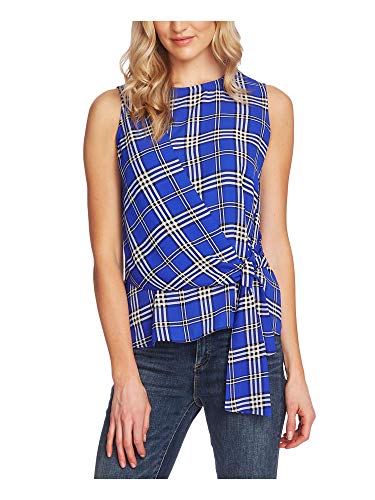 Vince Camuto Women's Sleeveless Asymmetrical Tie Front Plaid Blouse, Electric Blue, Extra Large