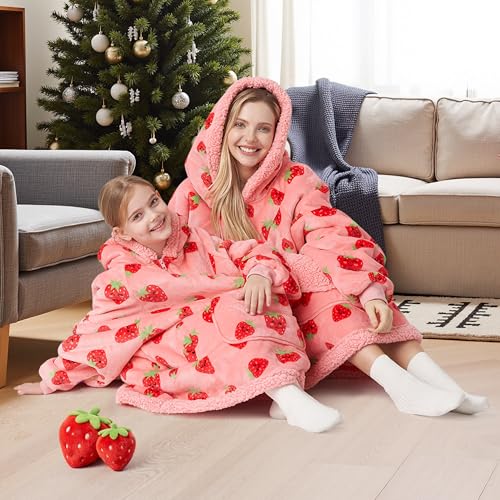 Image of Giggling Getup Wearable Blanket Hoodie for Girls and Boys Warm Cozy Sherpa Fleece Hooded Blanket Sweatshirt Oversized Hoodie with Giant Pocket & Sleeves for Kids Strawberry