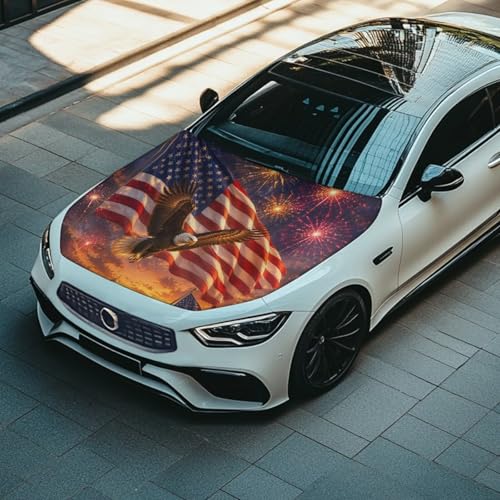 Image of Patriotic Eagle Flag Car Hood Cover Weather-Resistant Automotive Hood Covers Elastic Fabrics Car Bonnet Banner Outdoor Indoor Foldable Protective Cover