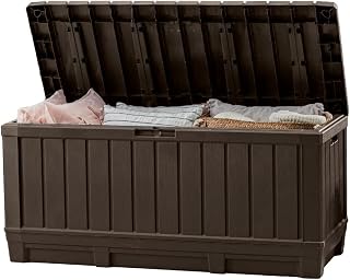 Keter Kentwood 92 Gallon Resin Deck Box - Weatherproof Storage Seat for Patio Cushions, Tools & Pool Floats, Brown