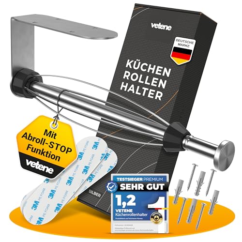VETENE Premium Küchenrollenhalter ohne Bohren (Zum Einhändig Abreißen) Edelstahl Silber mit Abroll-Stop Zewa Rollenhalter Küchenpapierhalter