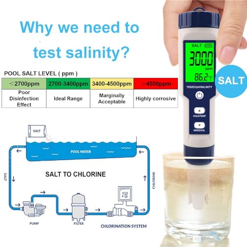 Pool Salt Tester & PH Meter, Hofun Digital Salinity Meter and PH Tester for Aquarium and Pool Saltwater Water, 5 in 1 Salinity PH Temp EC and TDS Meter, Aquarium Swimming Pool Hot Tub, High Accuracy