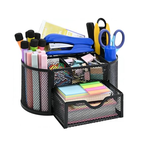 YIWONFU Schreibtisch Organizer,stiftehalter schreibtisch,Mesh Metall Desktop Büro Organizer mit 8 Stifthaltern und 1 Schublade,Es Platz zu Hause, in der Schule oder im Büro sparen