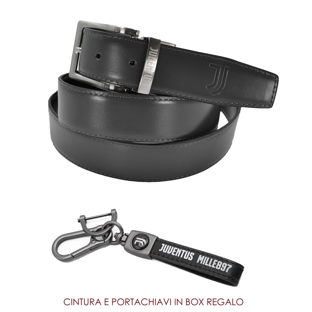 JUVENTUS Set Regalo Premium, Cintura in Pelle Nera e Portachiavi con Logo Ufficiale, Confezione Regalo Elegante
