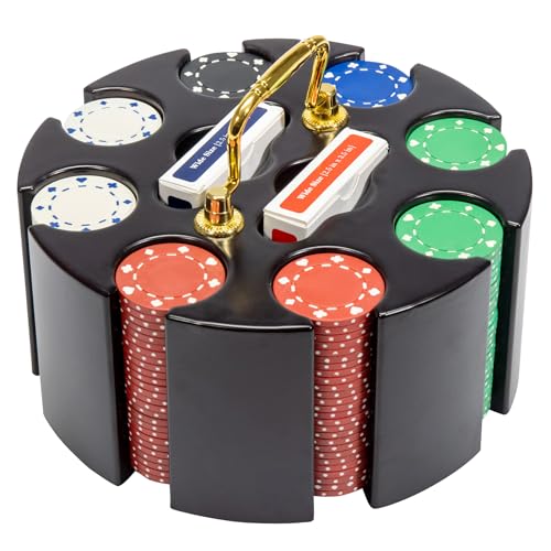 Playzaic Suited Poker Chip Carousel Set - 200 11.5-Gram Clay Composite Chips with Wooden Spinning Case...