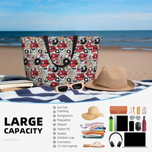 Large Beach Bags Water-resistant Sandproof - lip skull Cute Beach Tote Bags for Women with Zipper4