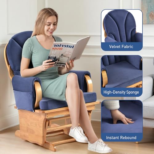 Image of Wood Glider Rockers, Glider Rocking Chair, Nursing Glider with Solid Hardwood Frame for Nursery Living Room Bedroom Classroom (Beech Wood Color + deep Blue)