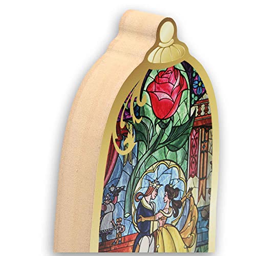 Image of Disney Beauty and The Beast Stained Glass Shelf Sitter Decor | Chunky Wood Tabletop Decoration Featuring Belle and the Beast