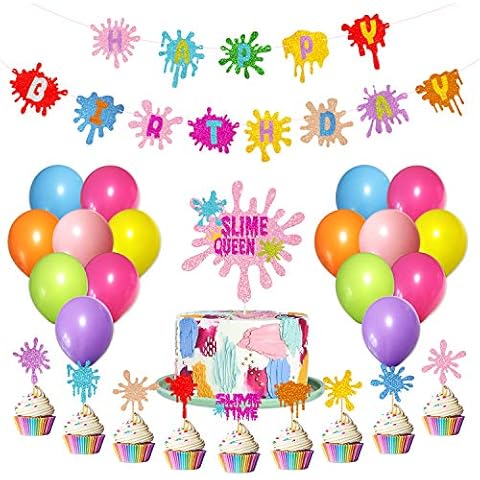 Slime Birthday Party Decorations Kit - Slime Queen Cake Topper Birthday Banner Cupcake Toppers Colorful Balloons for Kids Slime Party Baby Shower Party Supplies Cover
