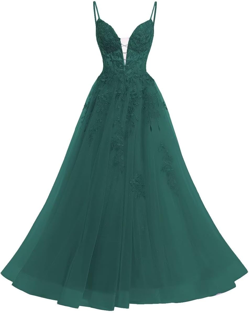 RasealWomen's Spaghetti Straps Tulle Long Appliques Lace Glitter Prom Party Cocktail Dress with Pockets RS077