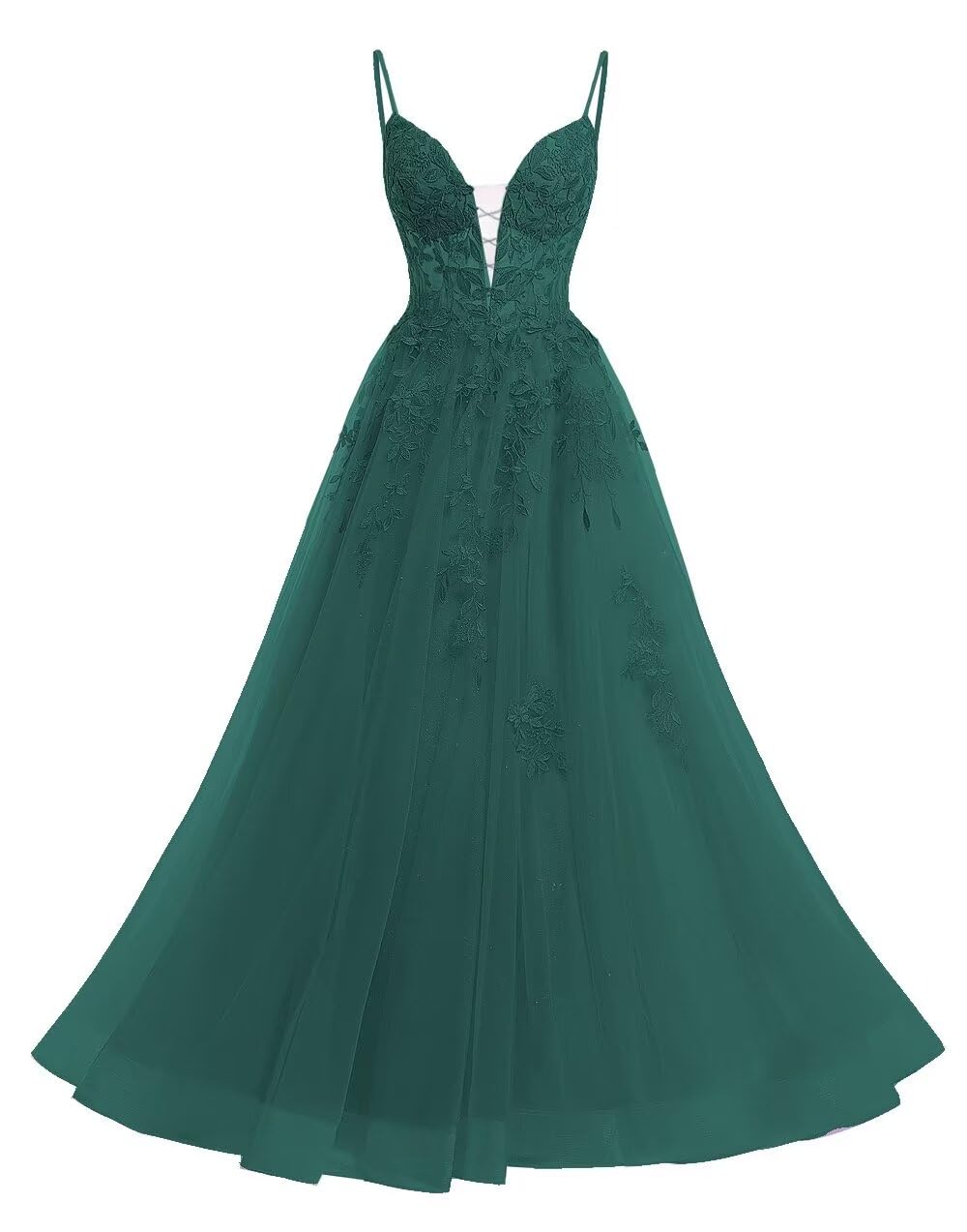 RasealWomen's Spaghetti Straps Tulle Long Appliques Lace Glitter Prom Party Cocktail Dress with Pockets RS077