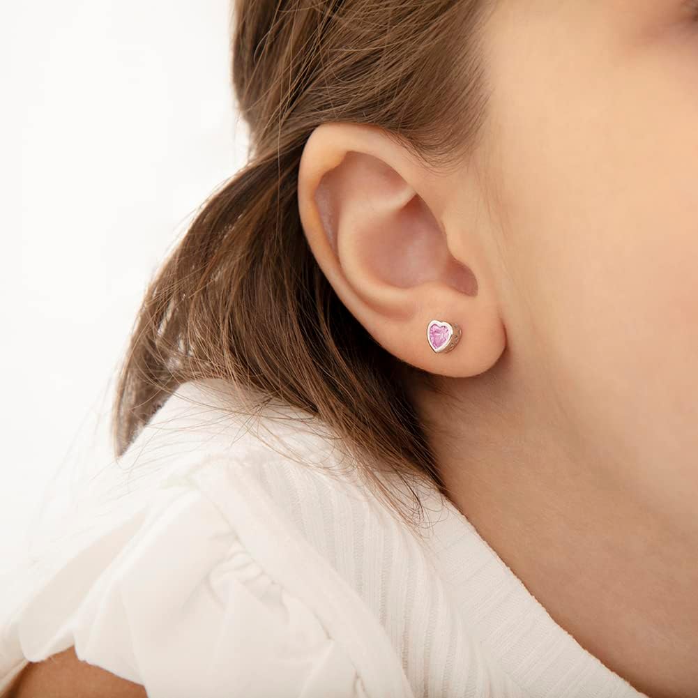 In Season Jewelry CZ Birthstone Heart Kids Earrings - 925 Sterling Silver Hypoallergenic Earrings for Girls with Secure Screw Backs - Safe & Comfortable for Toddlers, Kids & Little Girls