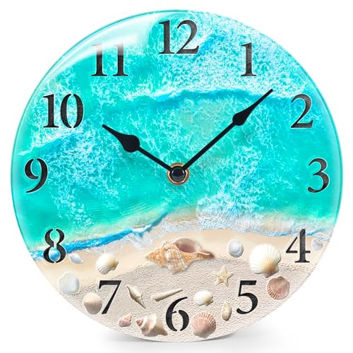 Coastal Nautical Glass Wall Clock with Seashell Design and Aesthetic Beach Theme Battery Operated