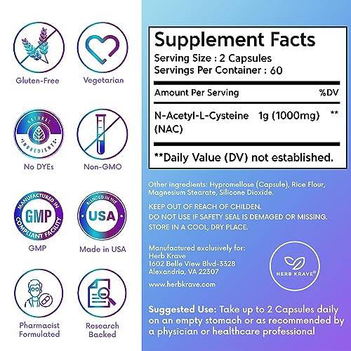 Herb Krave NAC Supplement N-Acetyl Cysteine 1000 mg, Amino Acid, Natural Antioxidant, Support for Liver, Lung, Immune System, Fertility | 120 N-Acetyl-L-Cysteine Capsule - Image 8
