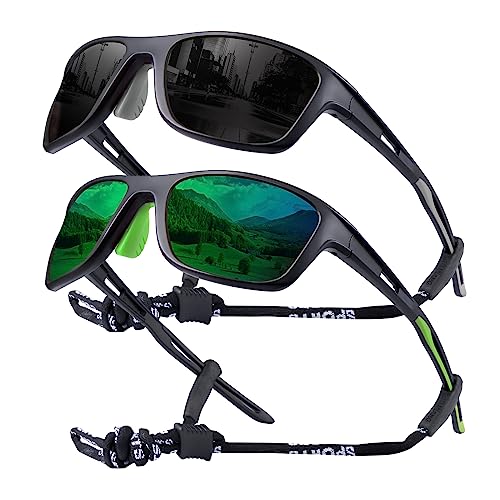 OKH 2 Pack Polarised Cycling Sunglasses Wrap Around Men Women Retro Sun Glasses UV Protection Outdoors Sports Biking Running Fishing Hiking Driving Eyewear with Rope Strap