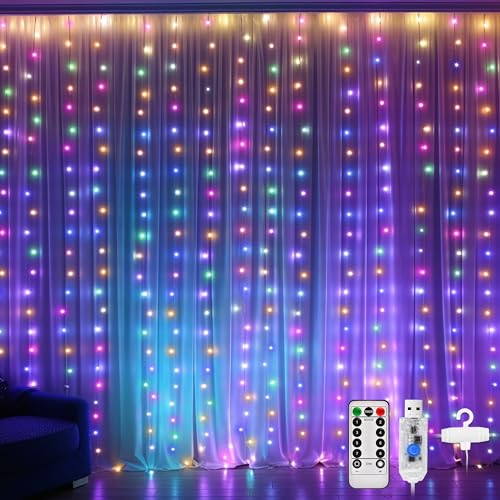 DazSpirit Luces de Cadena de Cortina, 3Mx3M 300 LED Cortina Luces Luz de Cortina USB con Mando a Distancia 8 Modos de Luz, Resistente al aguapara para Decoración Navidad Fiestas (Vistoso)