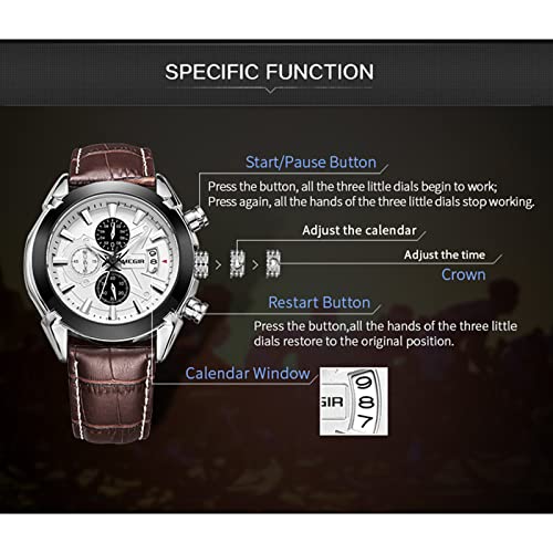 Morelian Man Watch Genuine Leather Band 3 Small Dials Quartz Wristwatch Analog Display Date Chronograph Brown Relogio Masculino