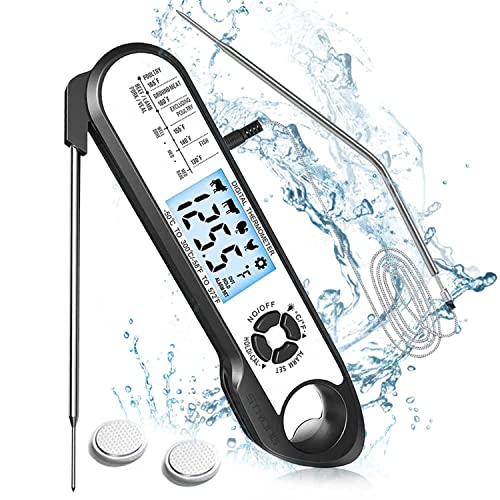 Digital Dual Probe Meat Thermometer, Calibratable Waterproof Instant Read Food Thermometer with LED Backlit Display, Alarm Buzzer, for Kitchen, Cooking, Grill, BBQ, Coffee & Oil Frying
