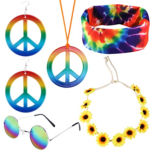 Ensemble de Costume Hippie,5Pcs accessoires deguisement hippie collier signe paix,boucle d'oreille,lunettes soleil,bandeau tournesol,serre tête arc ciel Tie Dye pour Vêtement femme homme fantaisie Cover