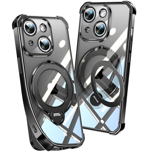 Image of Soft Case for iPhone 14 /13 with 360 Rotating Magnetic Stand, Compatible with Mag-Safe, 4X MIL-Drop Protection, Lightweight Glossy Anti-Yellowing Clear Back Phone Cover for iPhone 13 /14, Black