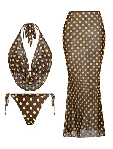 Image of ZAFUL Women's 3 Piece Floral Swimsuit Draped Neck Halter Bikini Tie Side Bathing Suit with Sheer Cover Up Skirt