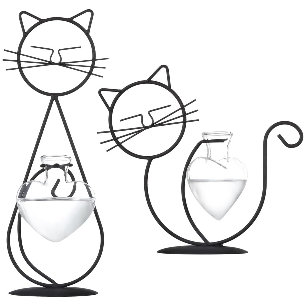 Lot de 2 vases de Propagation Kitty, Supports en Fer avec vases en Verre pour Plantes d'intérieur, Pots hydroponiques en Forme de bulbe, Station de bouturage pour Plantes Aquatiques et fougères