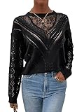 GORGLITTER Pullover Mit Spitze Damen Sexy Langarm Pulli Herbst Oberteile Strickpullover Mit Spitze Pullover Dünn Schwarz L